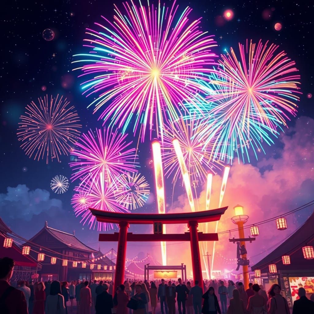 Fireworks Explode in a Neon-Infused Digital Sky