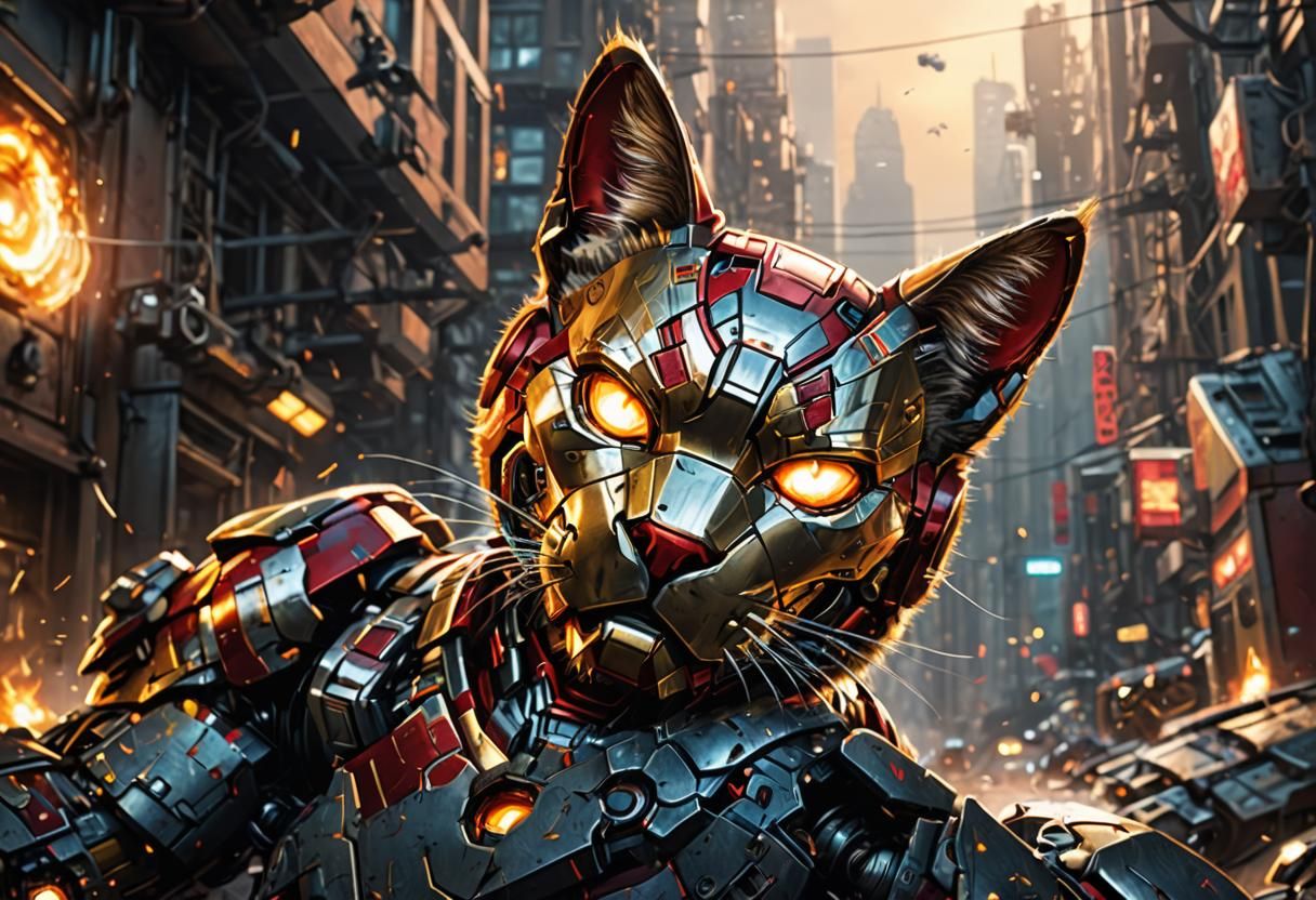 Iron Cat: Feline Superhero in Comic Book Style