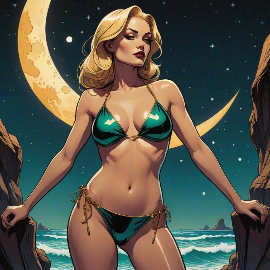 Sultry Goddess Embracing Moonlit Cosmic Beauty