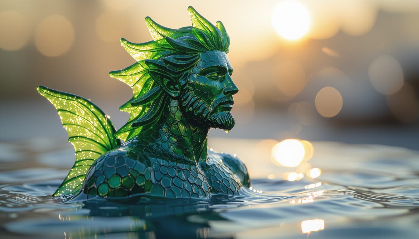 Exotic Sea Glass Merman Statue: Hyperrealistic & Moody