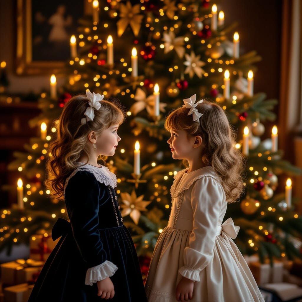 Victorian Girls Admire Candlelit Christmas Tree