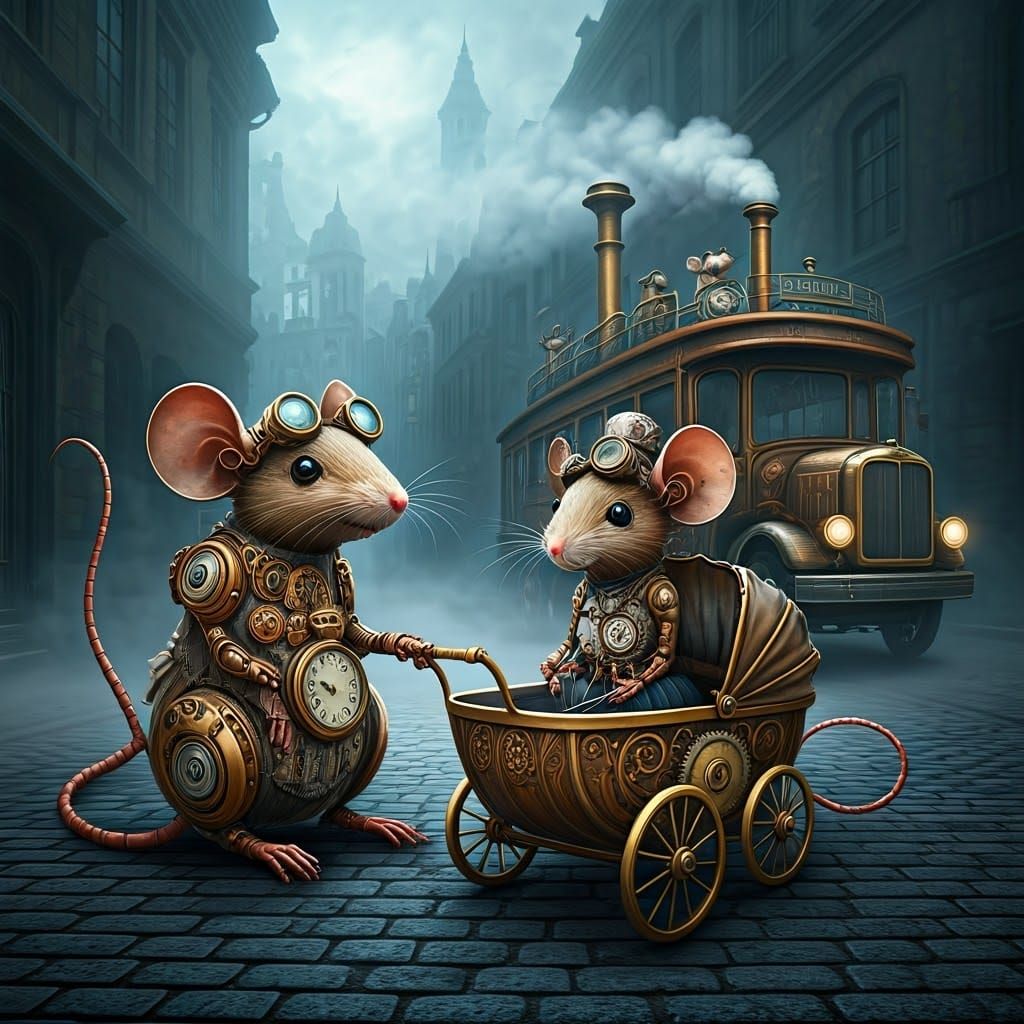 Clockwork Mice Family in Foggy Steampunk City