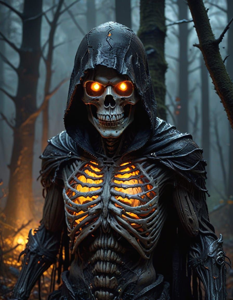 Sinister Hooded Figure in Haunted Forest Impasto Splash Art