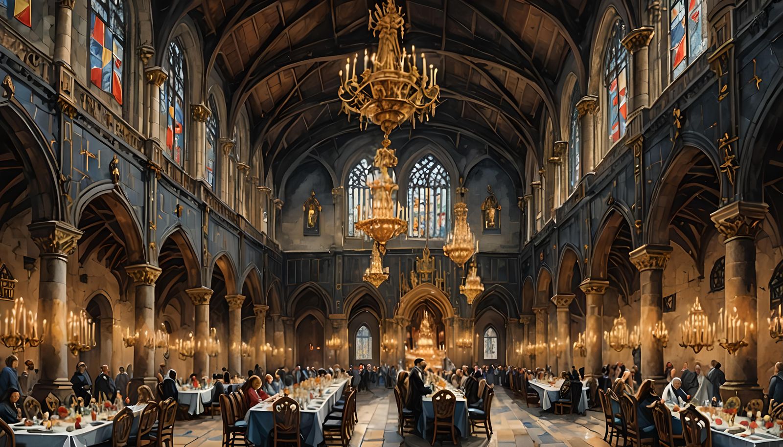 Medieval Grand Hall in Watercolor Style