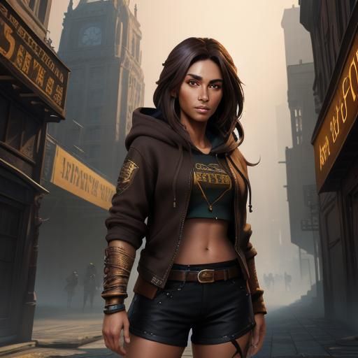 Girl in Black Hoodie in Cityscape, Detailed Digital Art