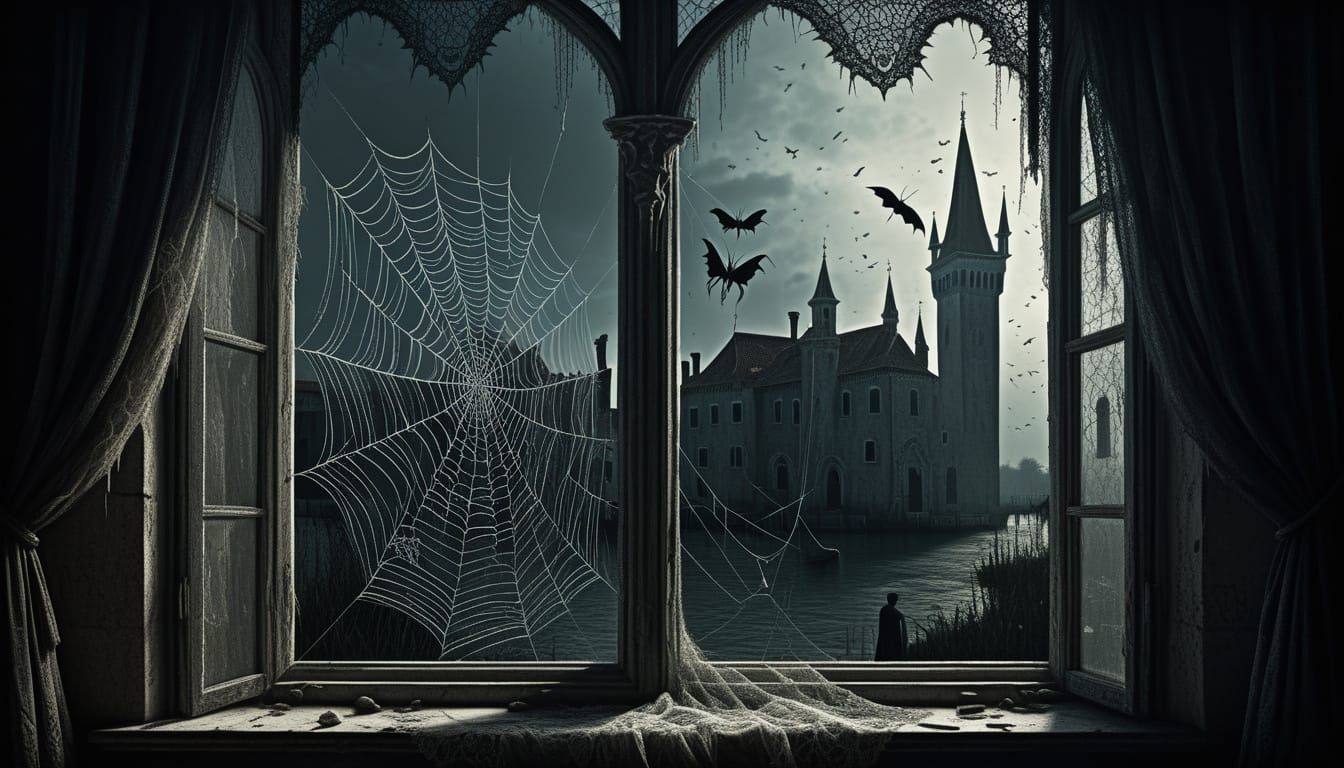 Spider Weaves Eerie Lace Curtain in Dark Fantasy Castle Park