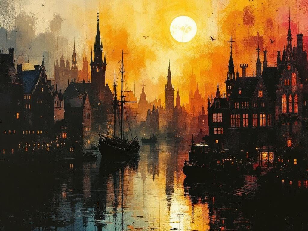 Medieval Port City Silhouette in Golden Hour