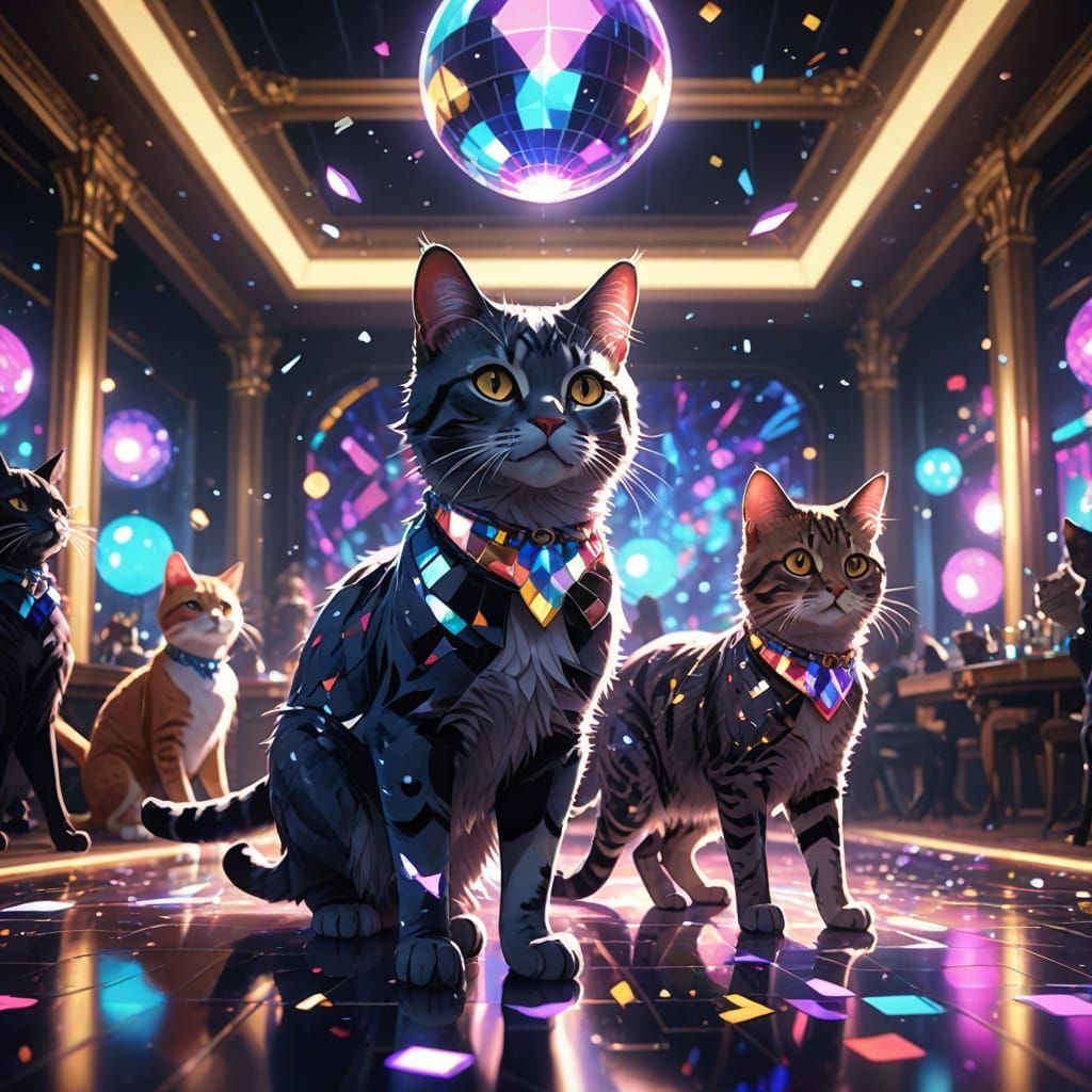 Glamorous Cats Dance Disco in Vibrant Anime Ballroom