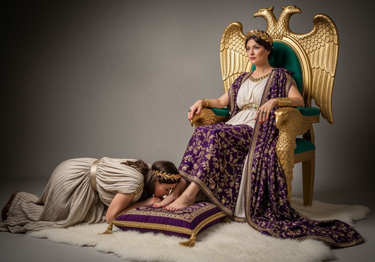 Regal Roman Empress on Emerald and Gold Throne