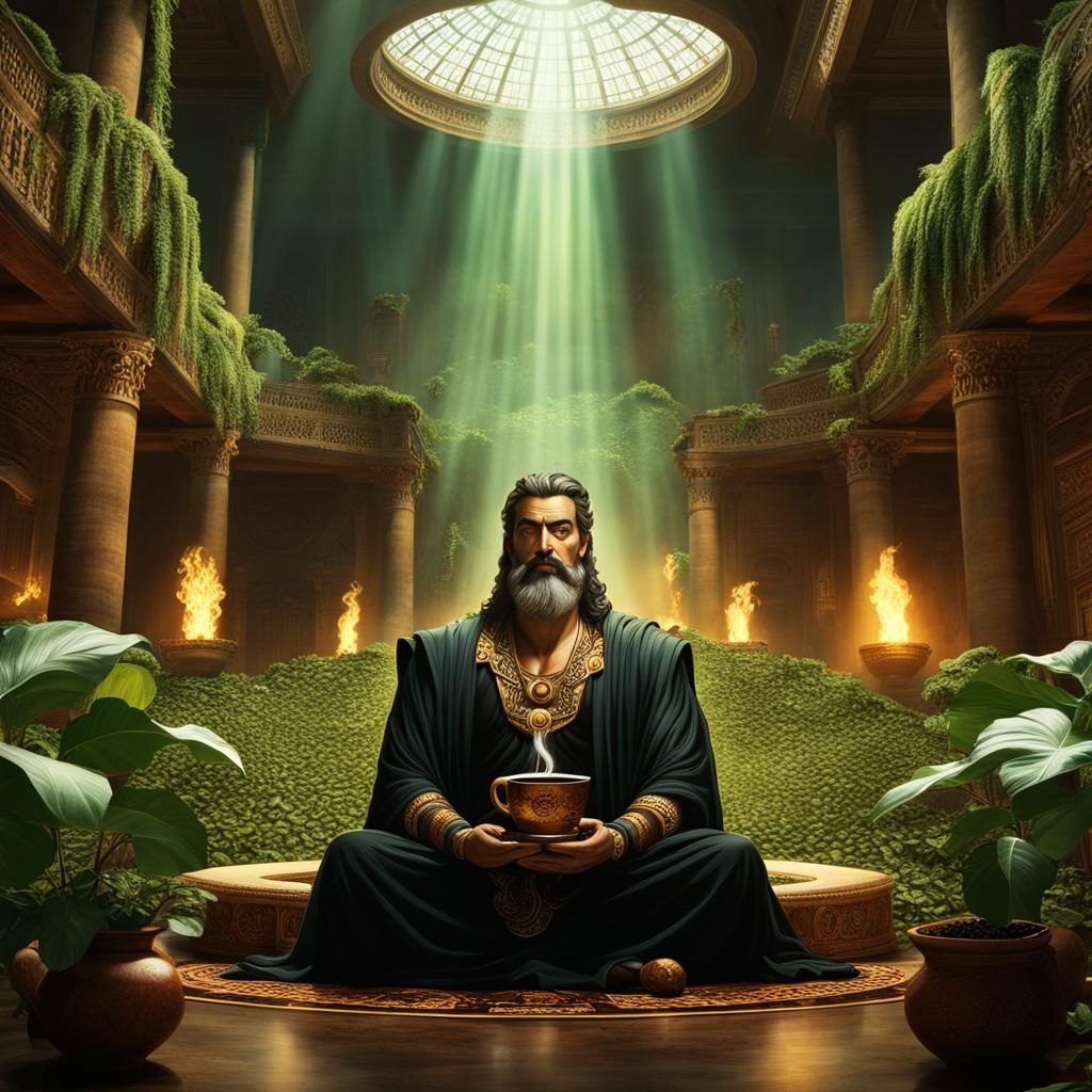 God of coffee, Hades, Zeus, sitting in lotus pose, big cup of coffee in hand, in big ancient hall, bags of coffee, coffe...