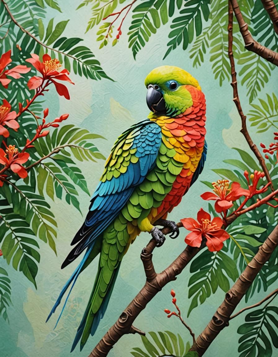 Colorful Parakeet on Royal Poinciana Branch in 3D Art