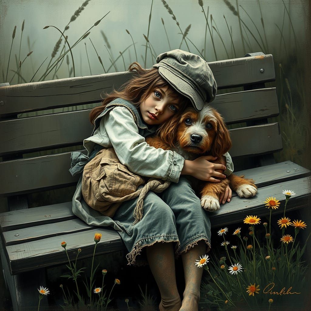 Melancholy Girl with Dog in Painterly Style