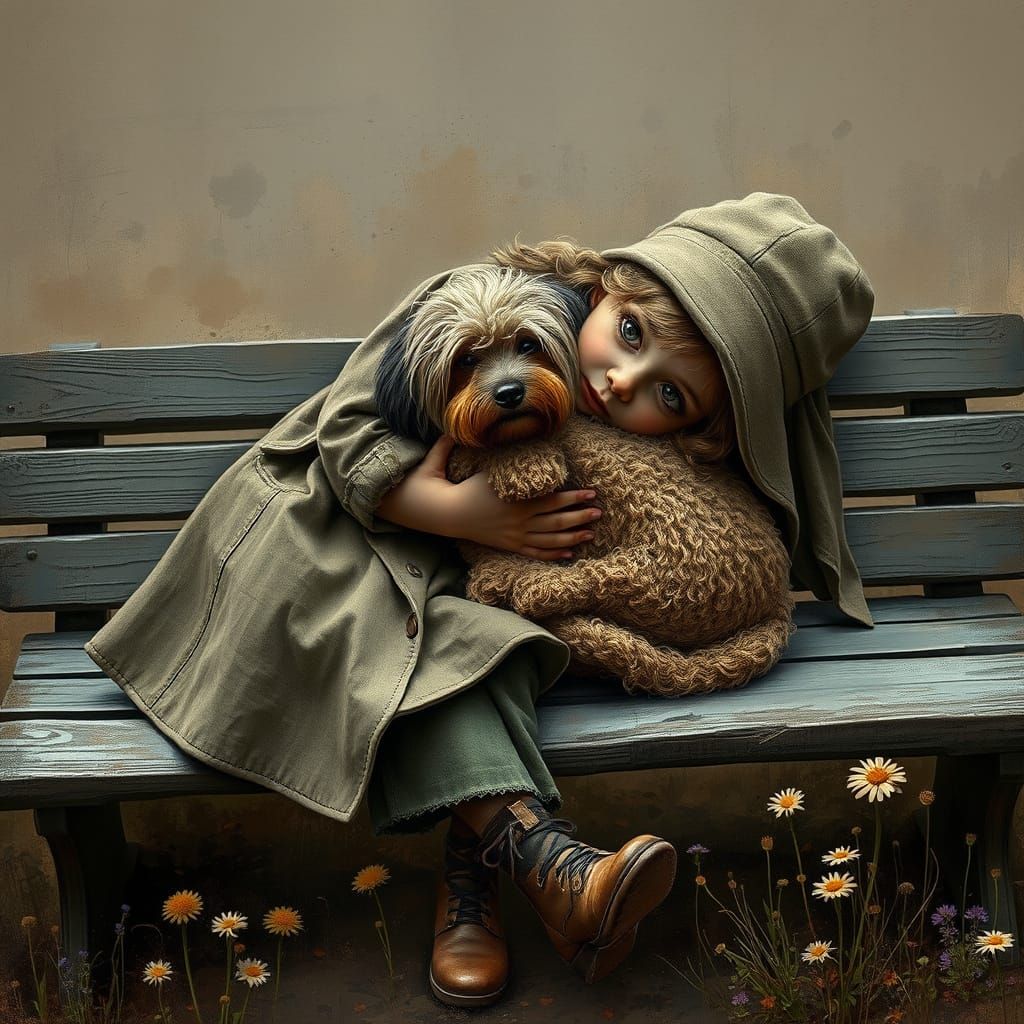 Girl Hugging Dog, Textured Impressionist Style