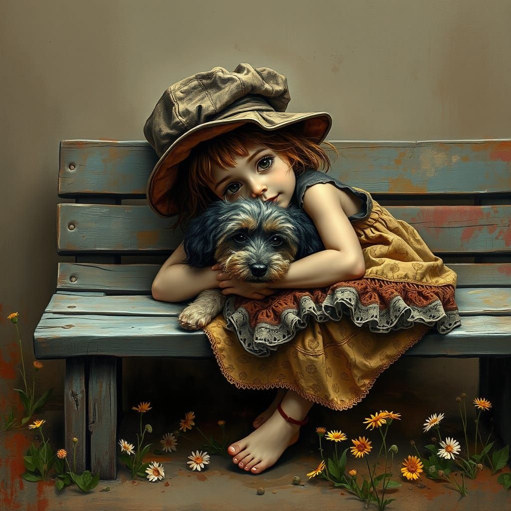 Girl with Dog on Bench as Oil Painting