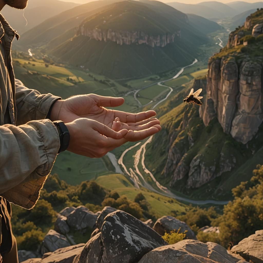 Frustrated Person and Fly: Cinematic Cliffside View