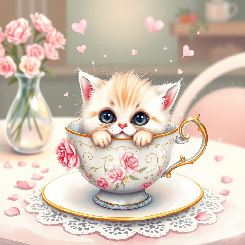 Charming Pastel Kitten in Vintage Floral Teacup Digital Art
