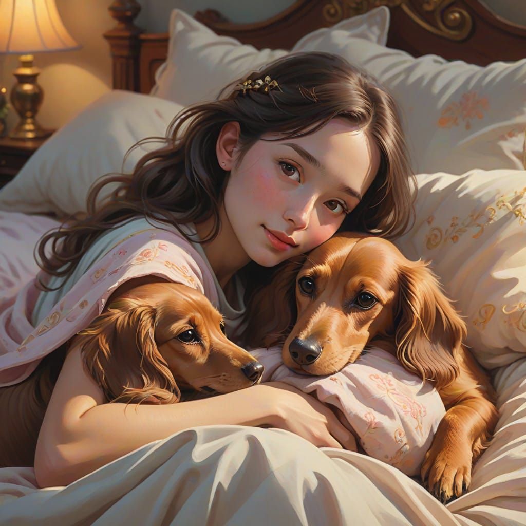 Serene Woman Surrounded by Whimsical Dachshunds in Velvet Be...