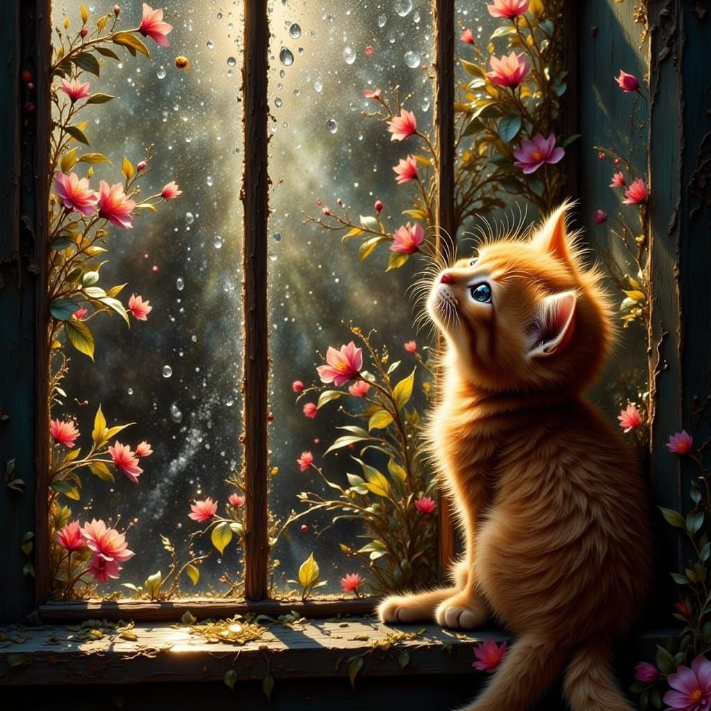 Fluffy Kitten Peers Through Rain-Streaked Window
