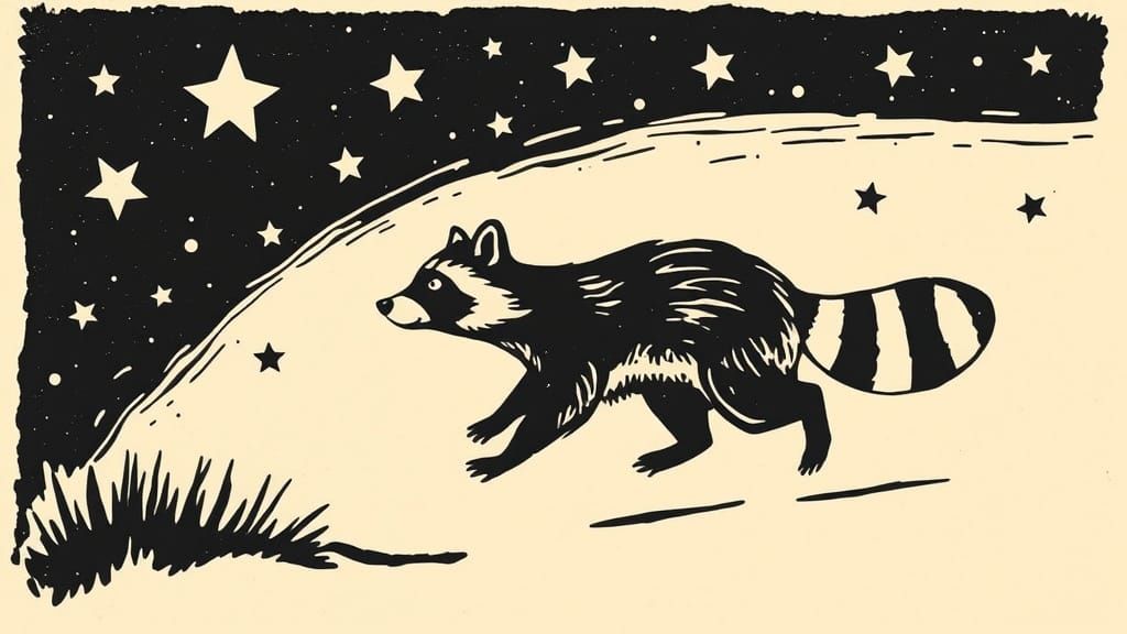 Vibrant Black and White Raccoon in Animated Woodcut Style