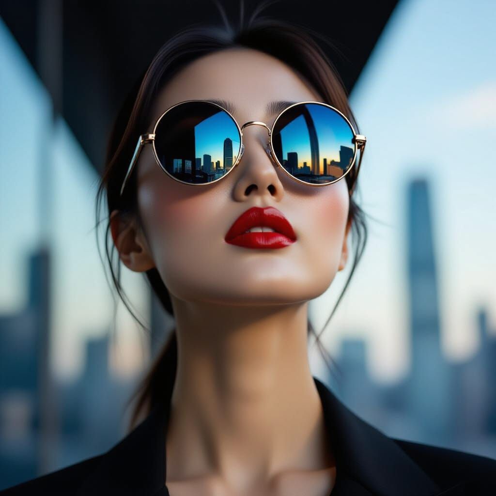 Confident Woman with Reflective Sunglasses in Noir Style