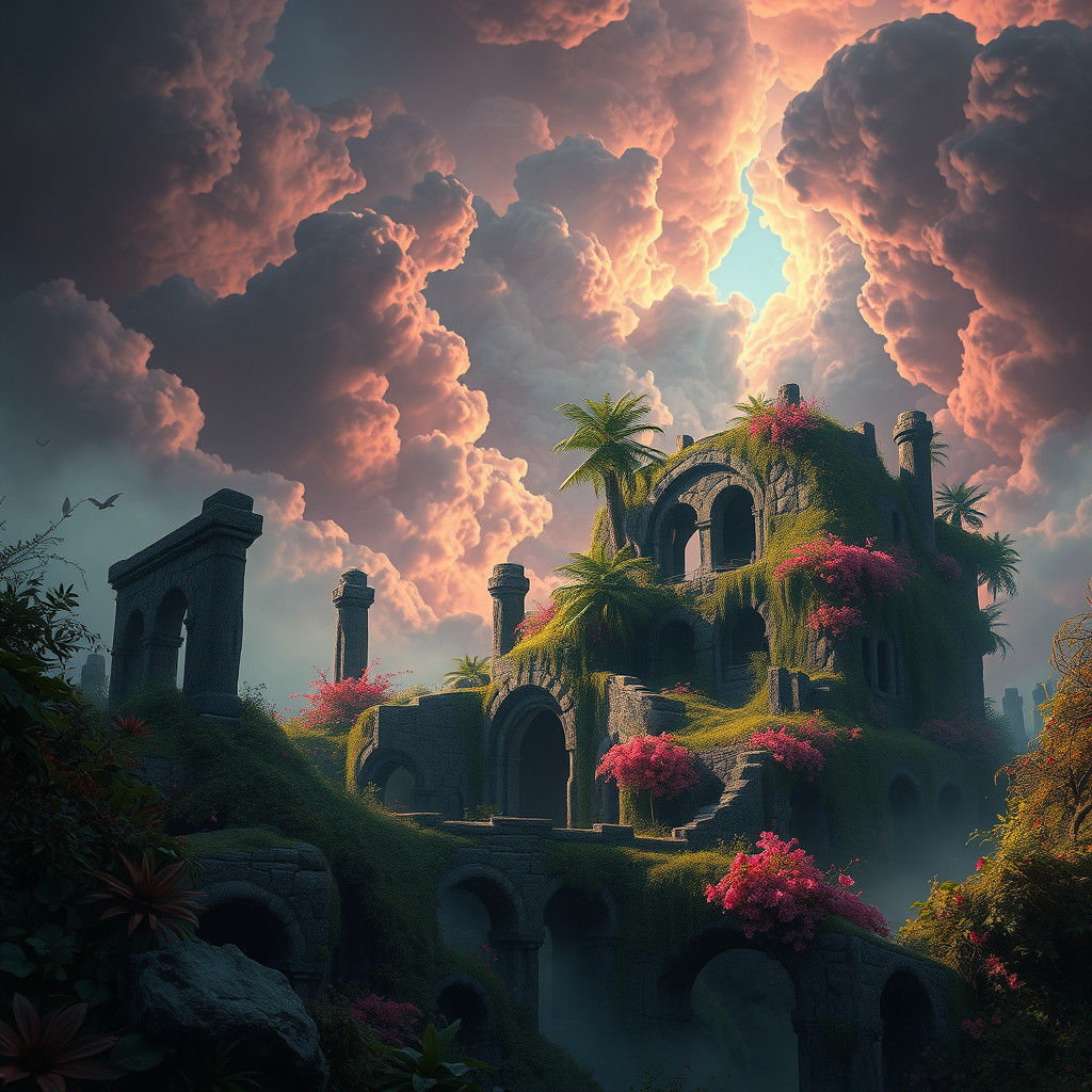 Mystical Stone Realm with Lush Vegetation