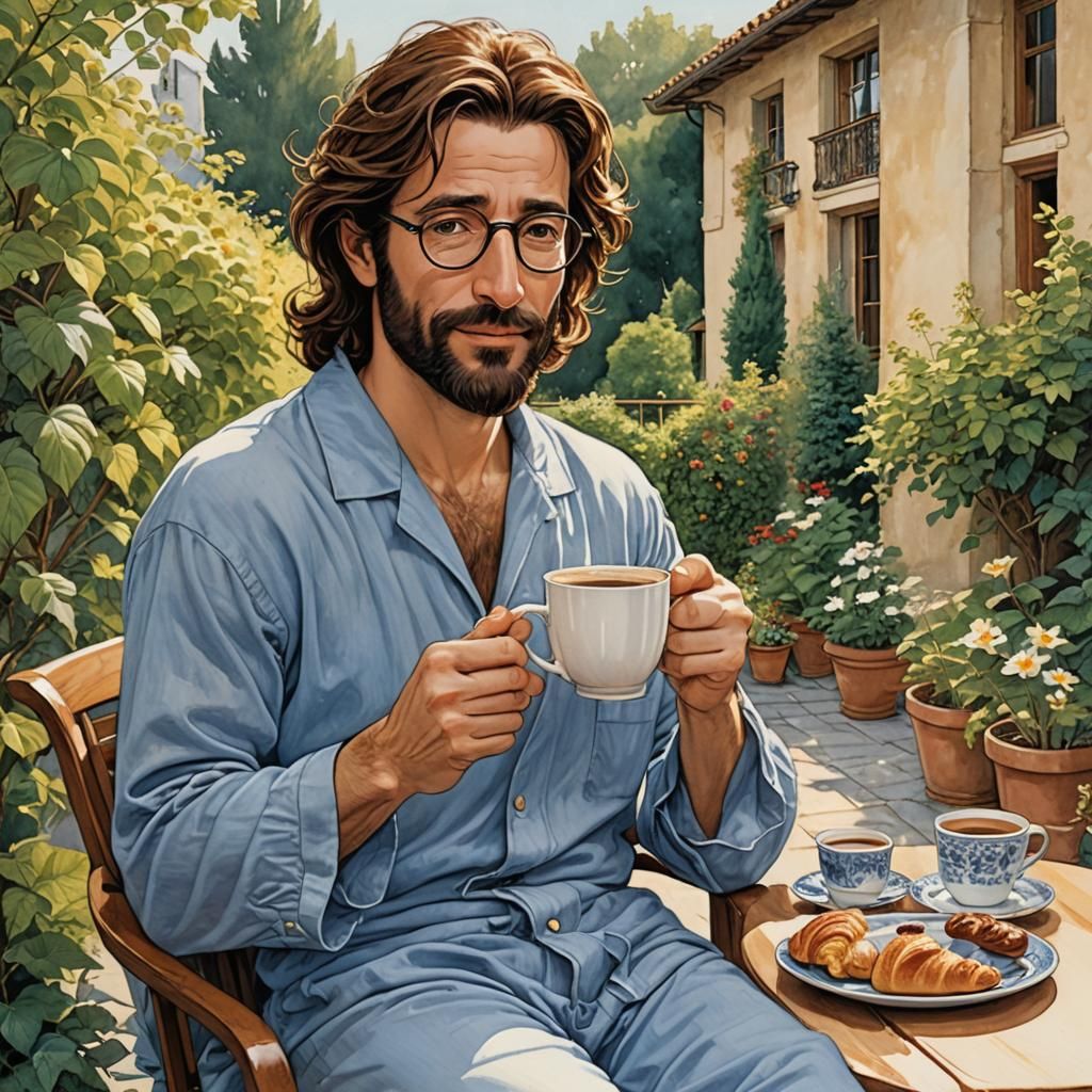 Happy Man Offers Coffee and Croissant, Animated Style