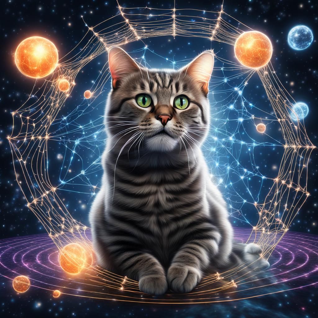 Hyper-Realistic Cat Batting Orbs in Cosmic Web