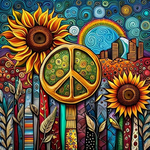 World Peace Sign with Fantasy Sunflowers in Digital Art
