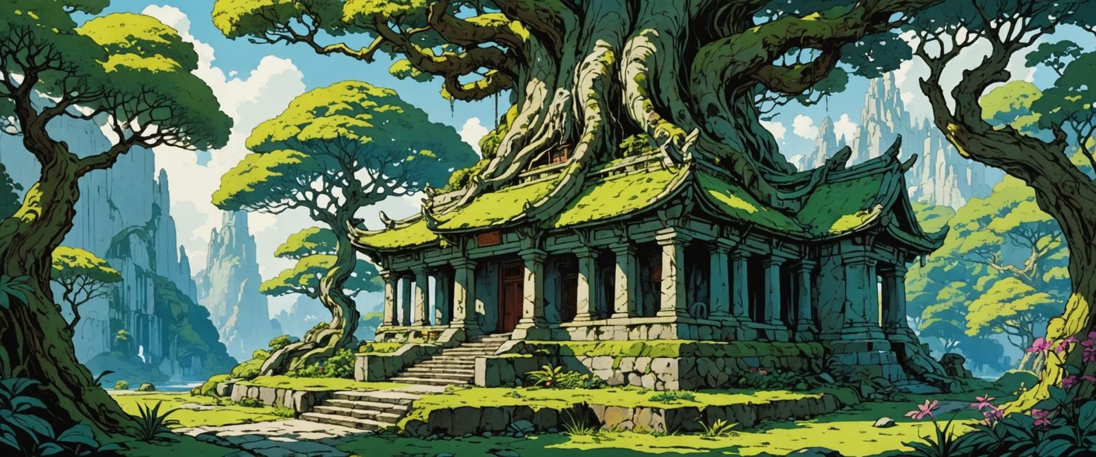 Yoda at Moss Covered Temple in Watercolor Style