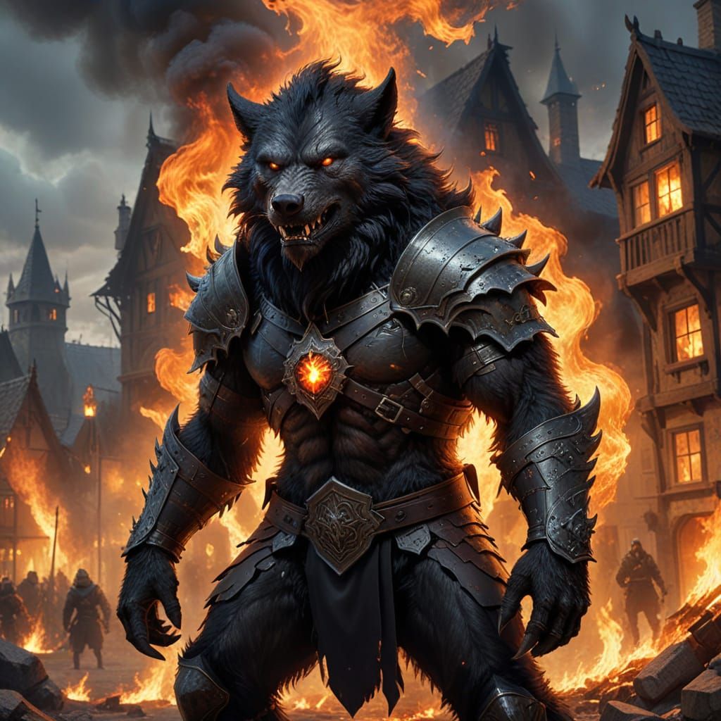 Fantasy Werewolf Raider in Burning Town