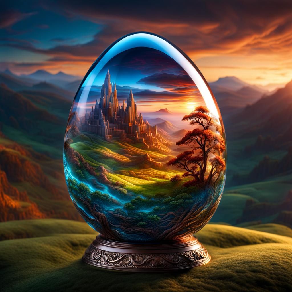 Fantasy Landscape Inside Transparent Metallic Egg
