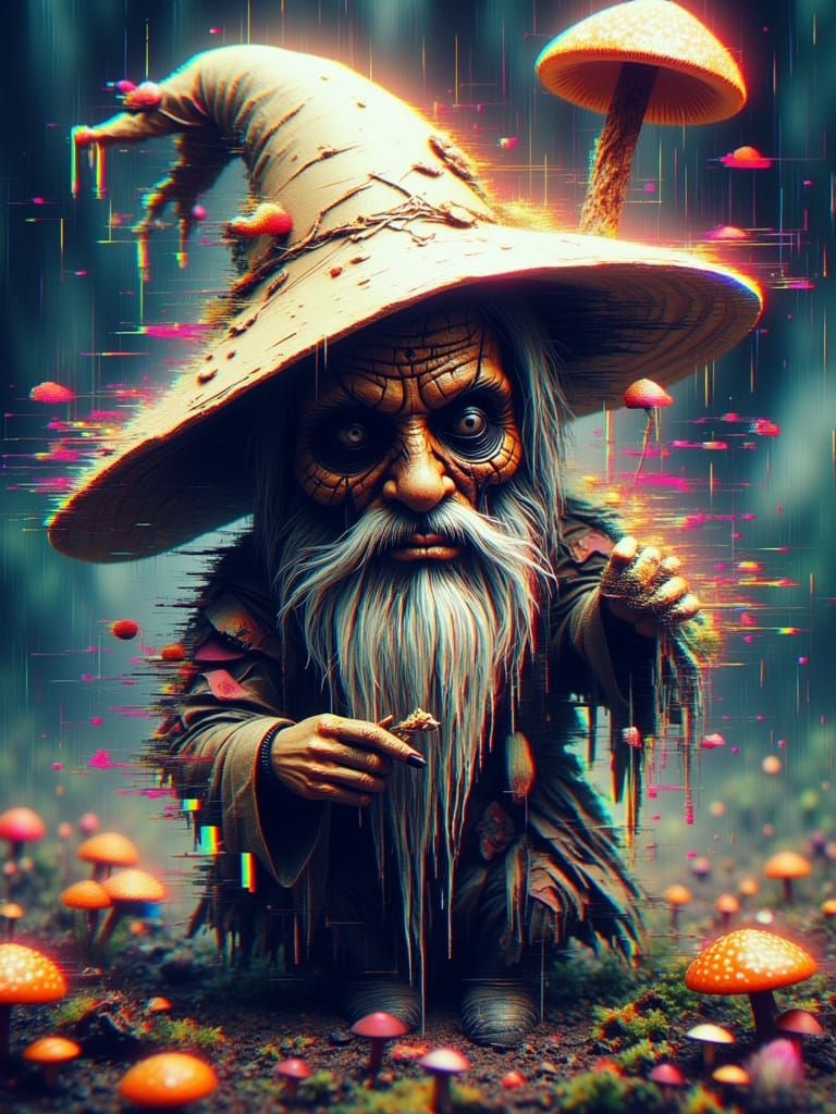 Glitched Evil Gnome in Digital Mushroom World