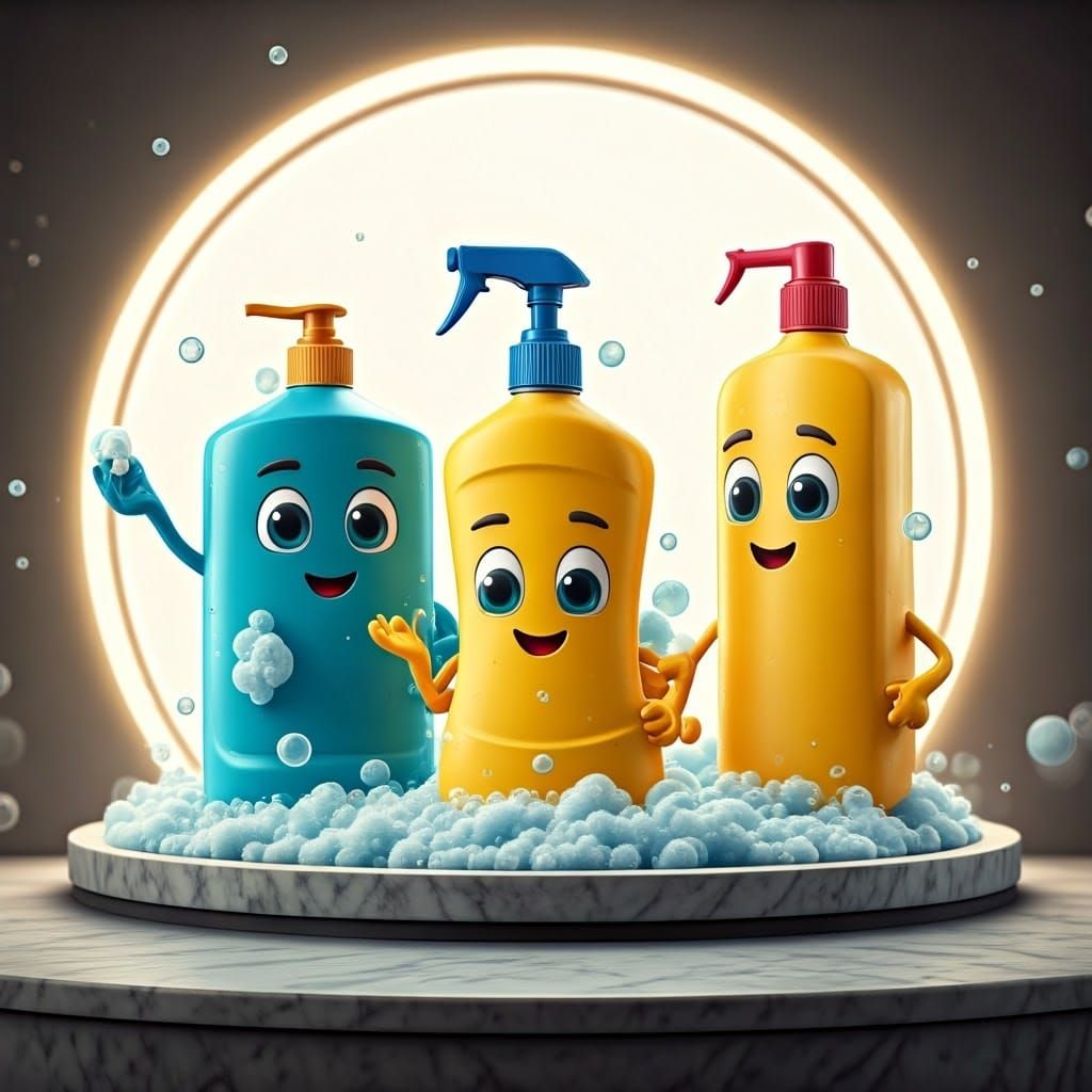 Adorable 3D Cleaning Products in Playful Epic Scene
