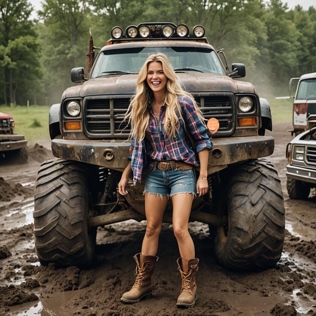 Country Girl and Her Monster Truck at Sunset
