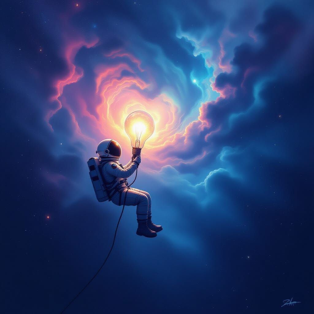 Astronaut Tethered to Glowing Light Bulb in Nebula