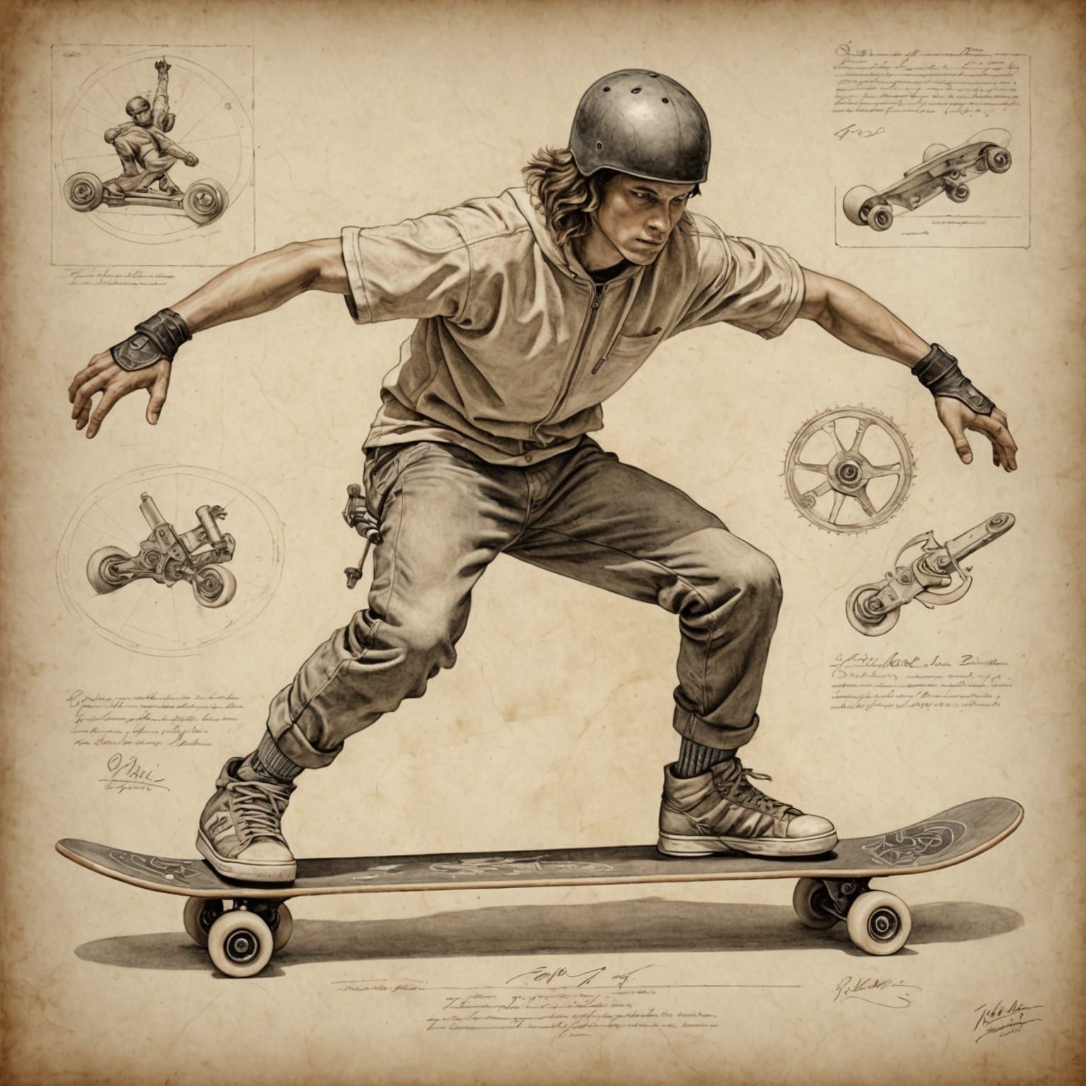 Anatomical Skateboarder Drawing in Da Vinci Style