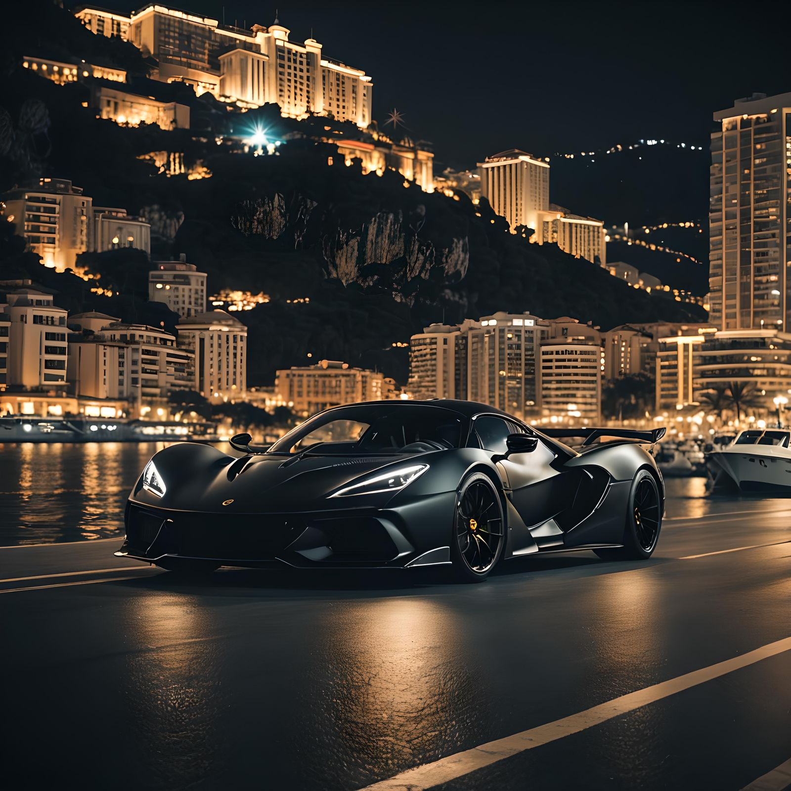 Matte Black Lotus Evija in Monaco Bay at Night