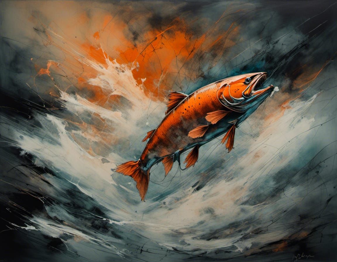 A salmon jumping upstream a cascade, in wilderness, stormy c...