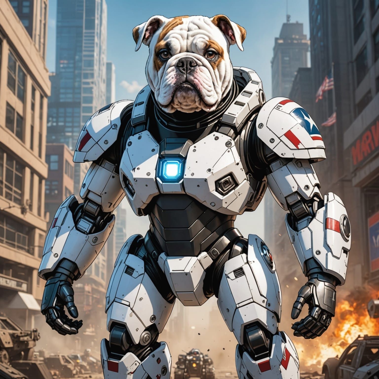 Bulldog Hero in Mech Suit, Marvel Comics Style