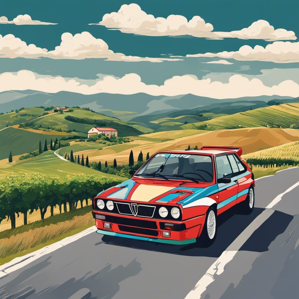 Tuscan Road with Lancia Delta in Abstract Art Style