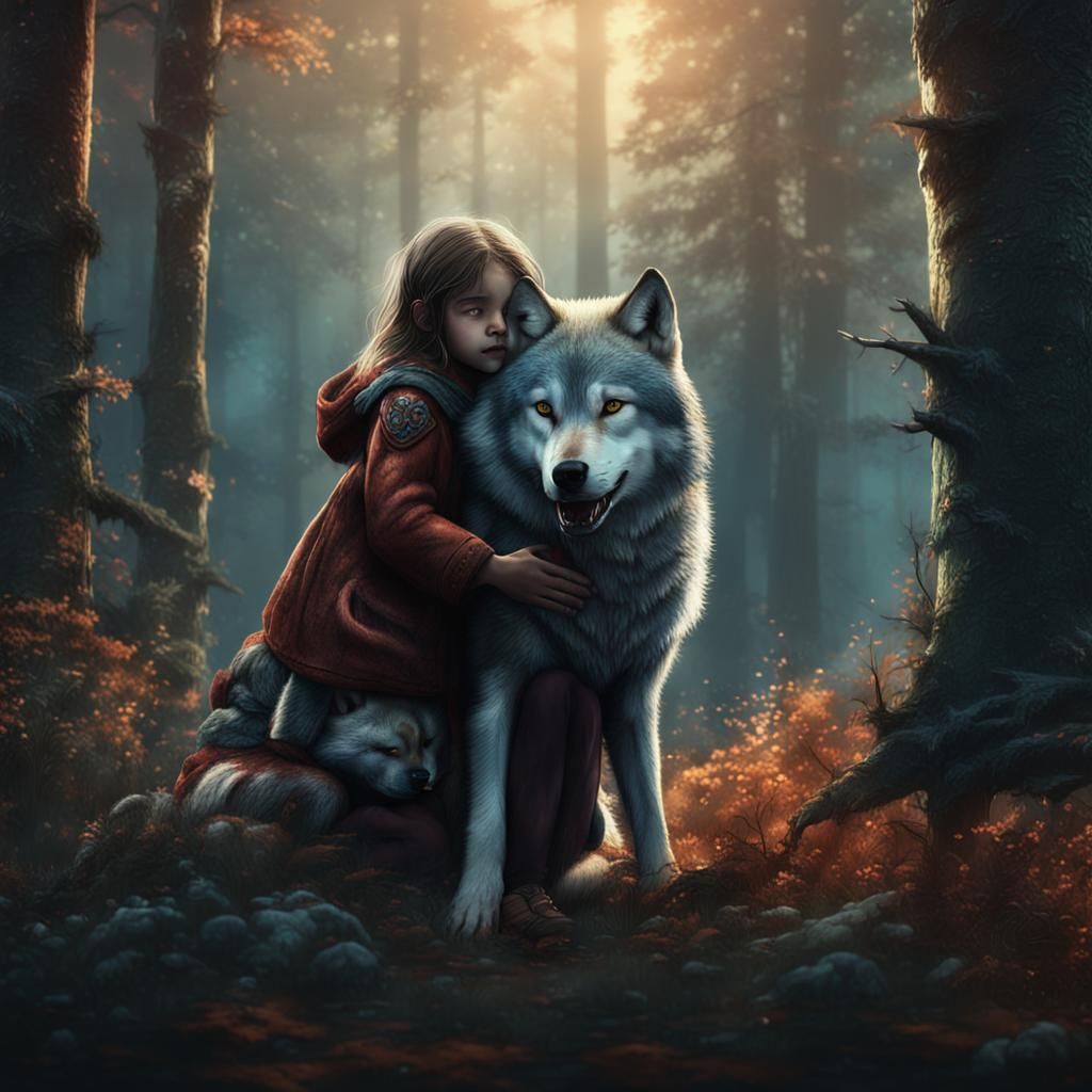 Girl and Wolf Embrace in Enchanted Forest