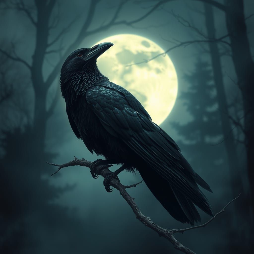 Mysterious Raven in Moonlit Forest, Digital Art