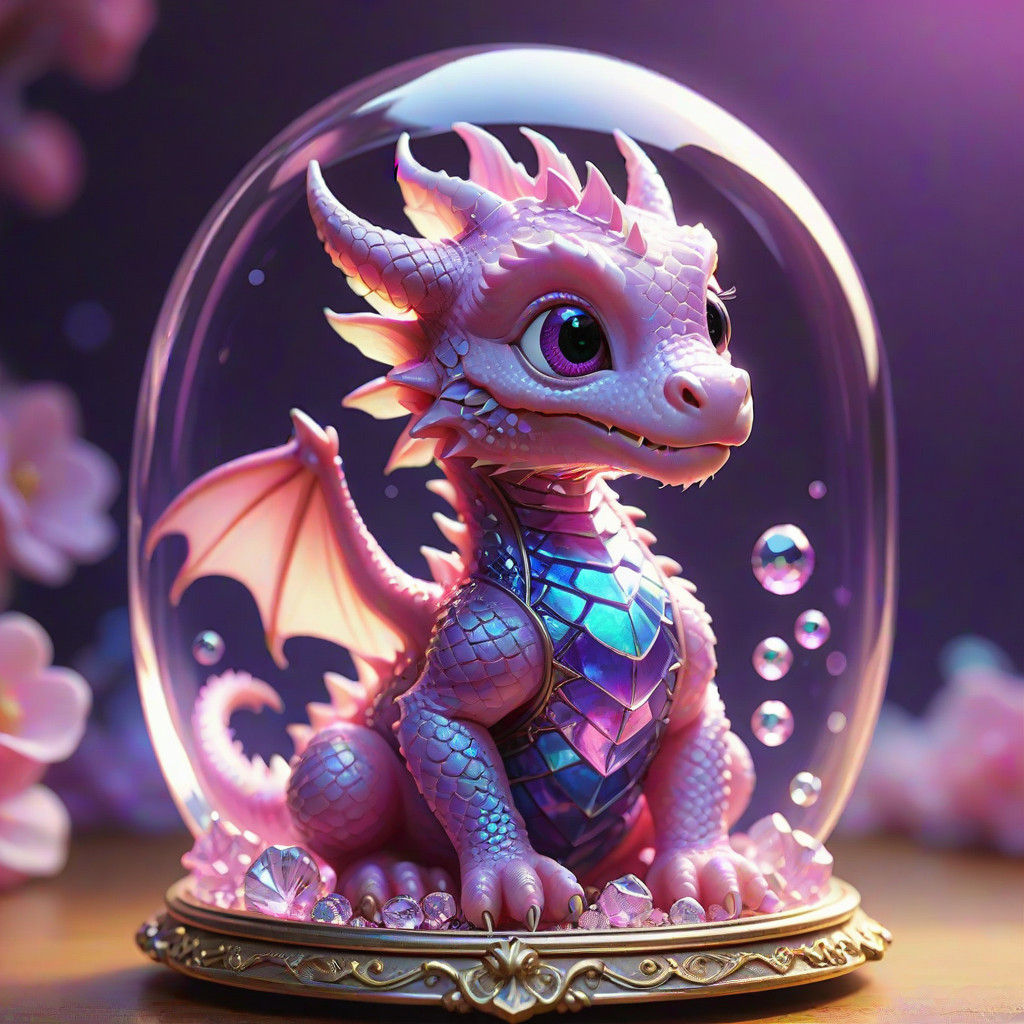 Vibrant Pink Baby Dragon in Glowing Glass Jewelry Box
