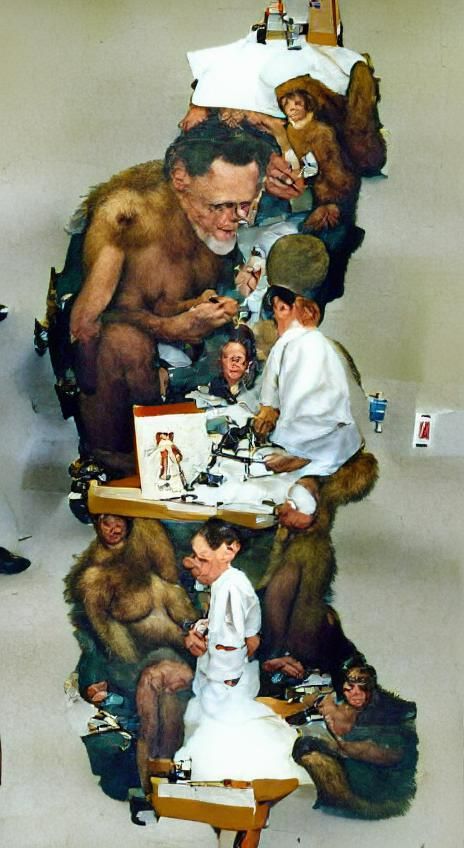 A tiny little nude man emerging from a "monkey" or bigfoot costume/suit on a medical table surrounded by researchers. He...