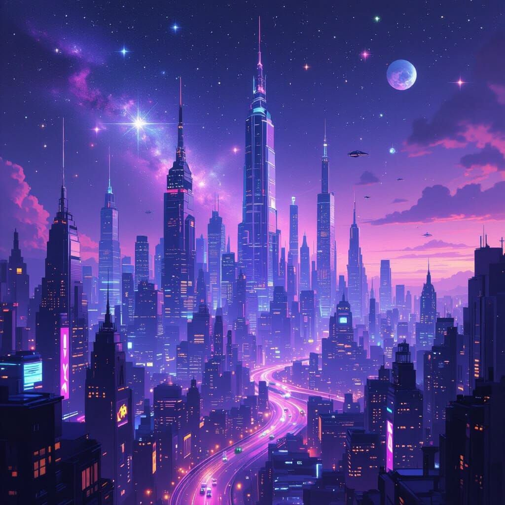 Futuristic City Floating Over Galaxy in Dreamy Style