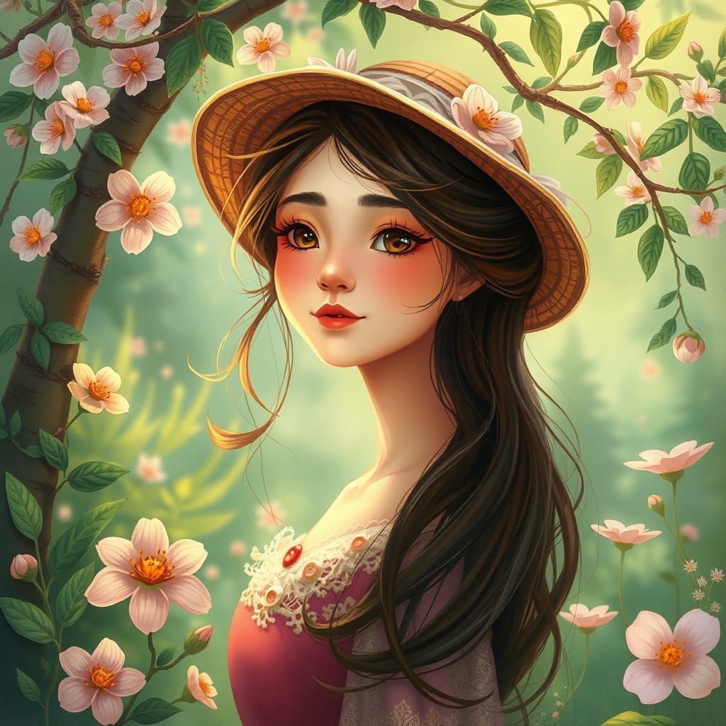 Whimsical Woman in a Lush Paradise, in Ori-Inspired Style