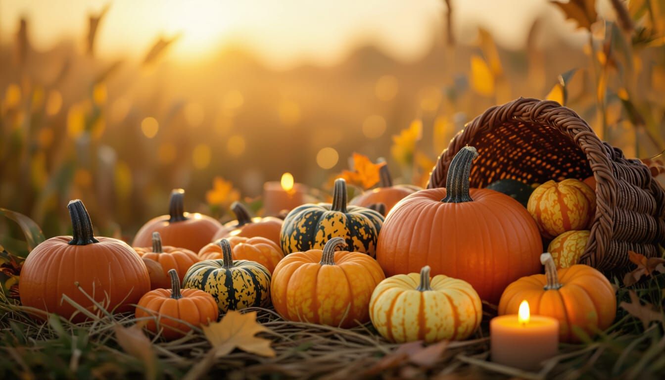 Autumn Harvest Farm Scene with Pumpkins and Gourds