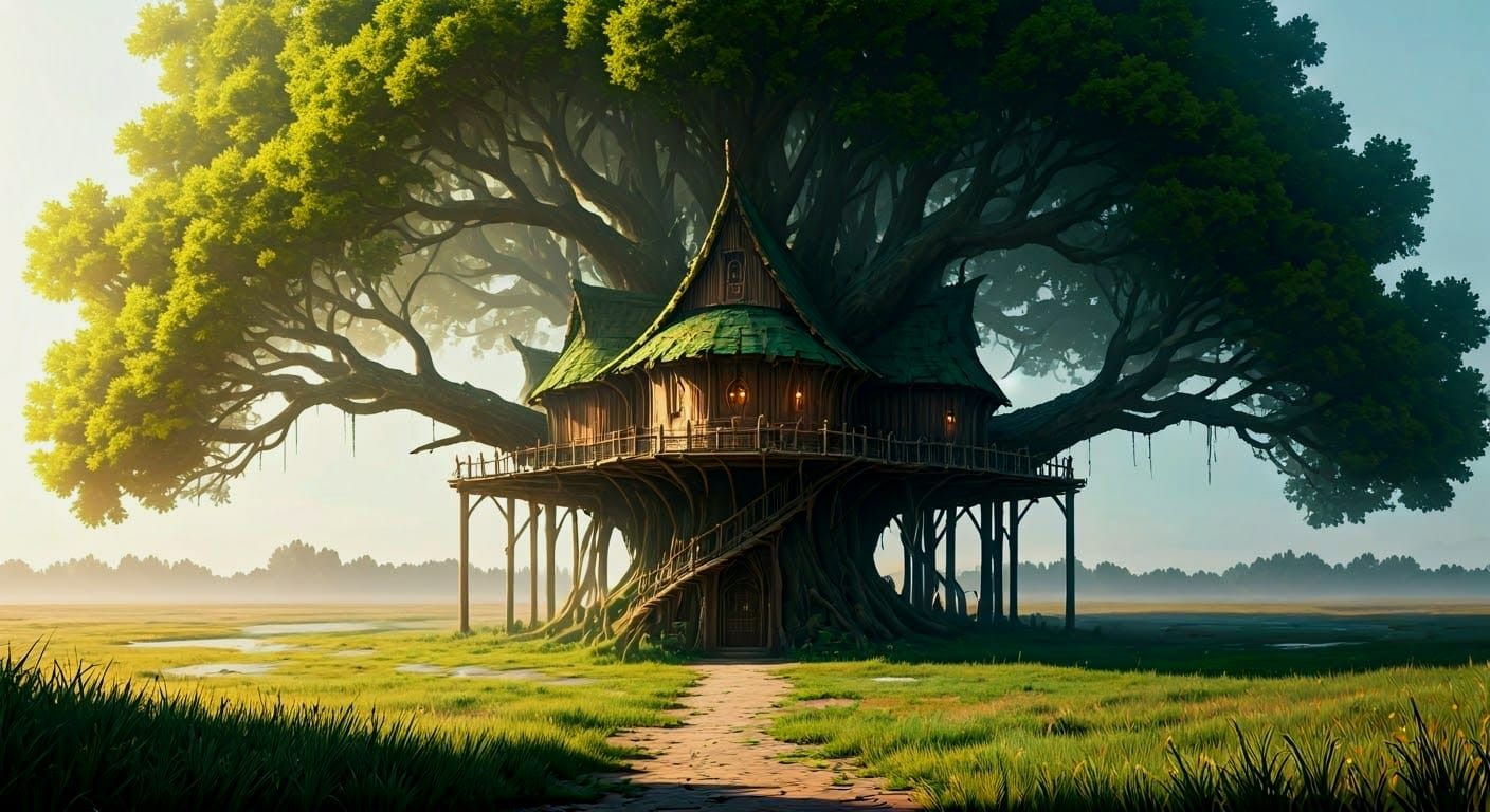 Enchanted Treehouse Amidst Lush Moorland in Atmospheric High...