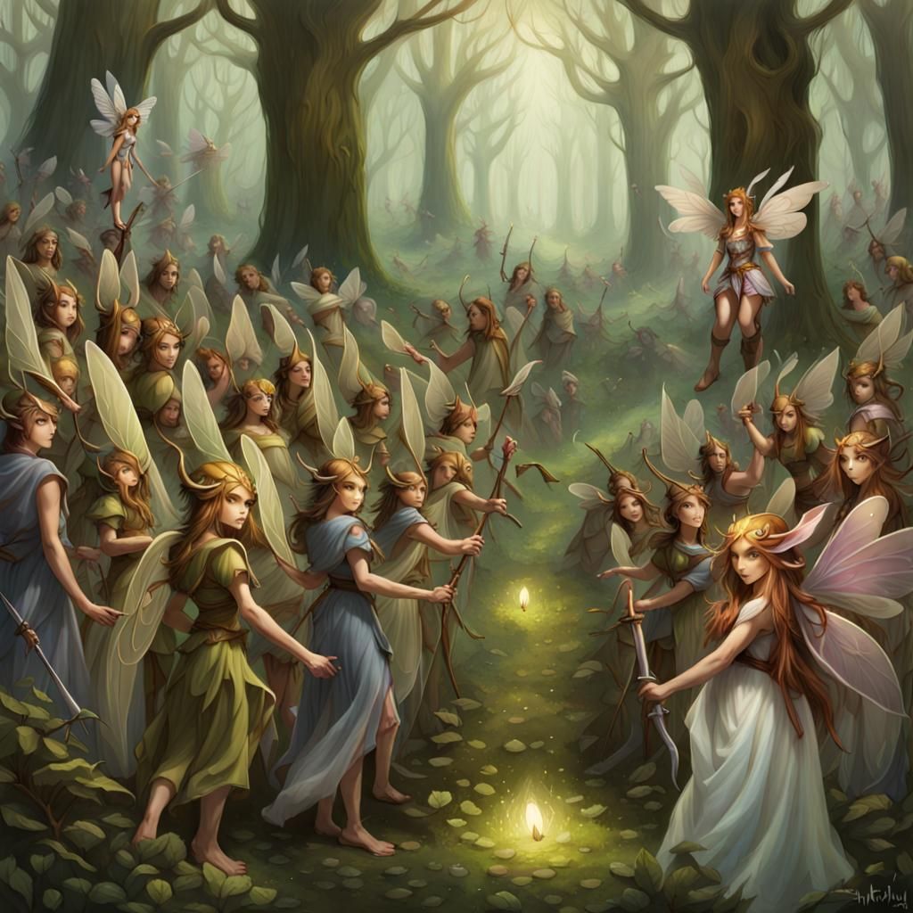 A faerie army faces another faerie army.