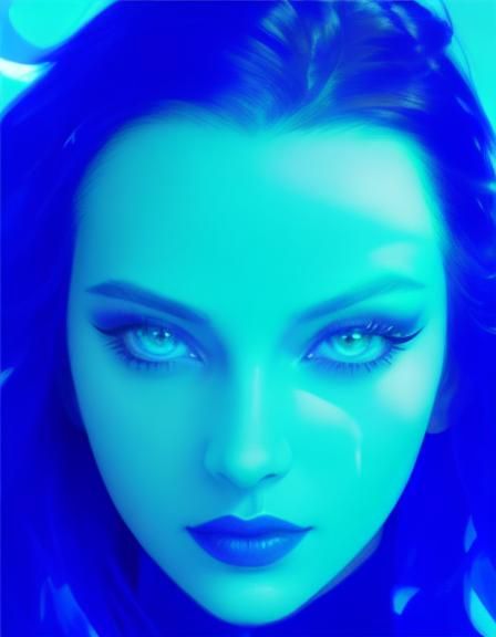 Blue filtered portrait with beautiful gothic young lady with black hair and bright blue eyes with black eyeshadow with b...
